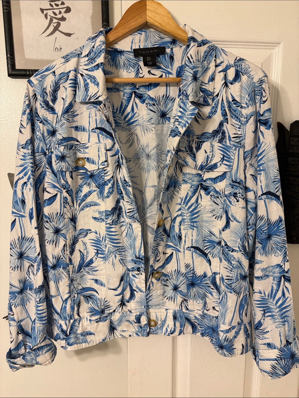 Tahari Blue and White Tropical-Print Jean Jacket